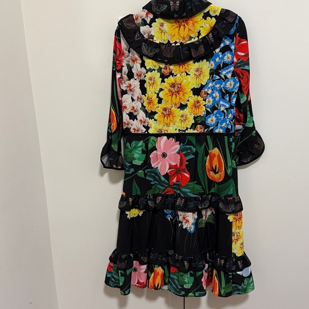 Black Floral & Butterfly Print Dress with Ruffle Details. Womens Size Small. - Picture 6 of 9